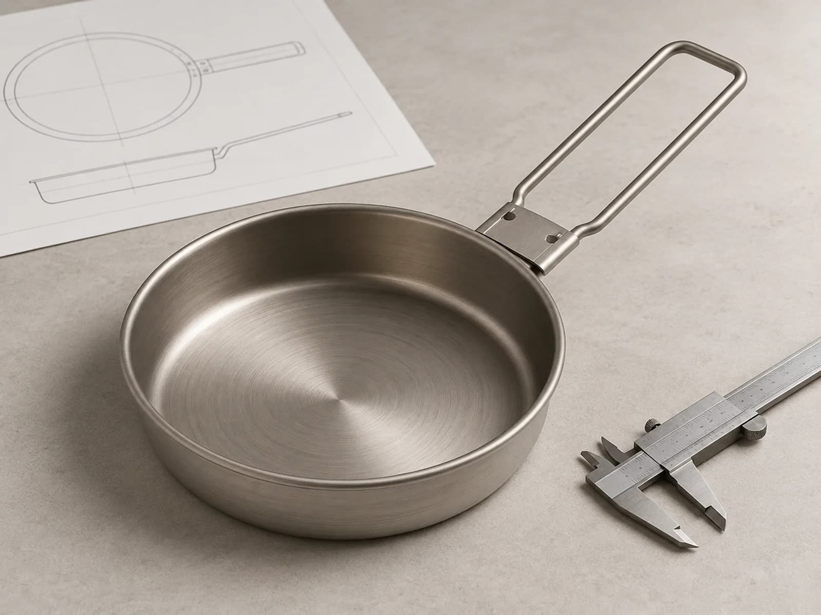Titanium product with technical drawing and prototype tools for product development review