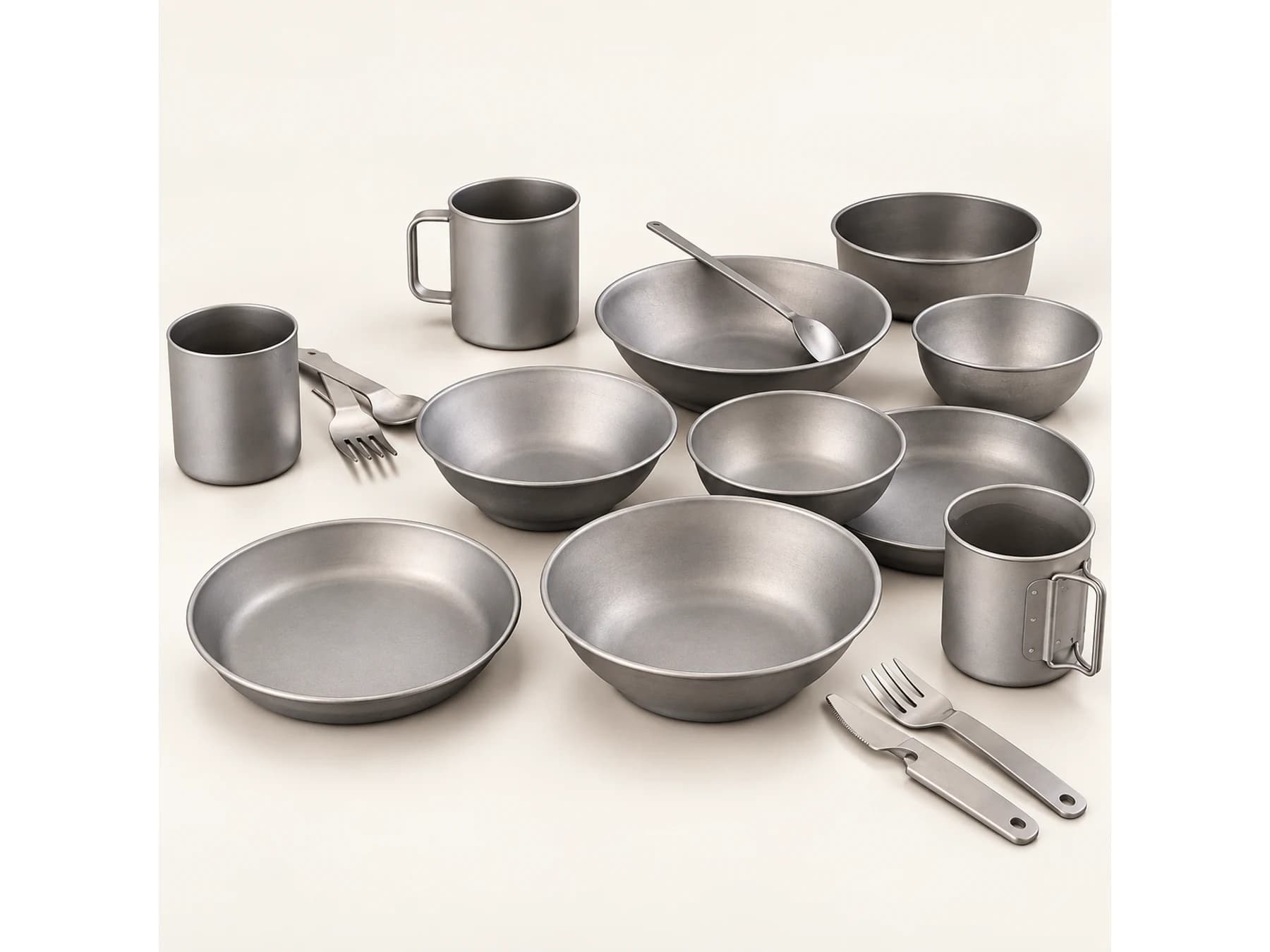 Titanium tableware group shown in a controlled studio product reference