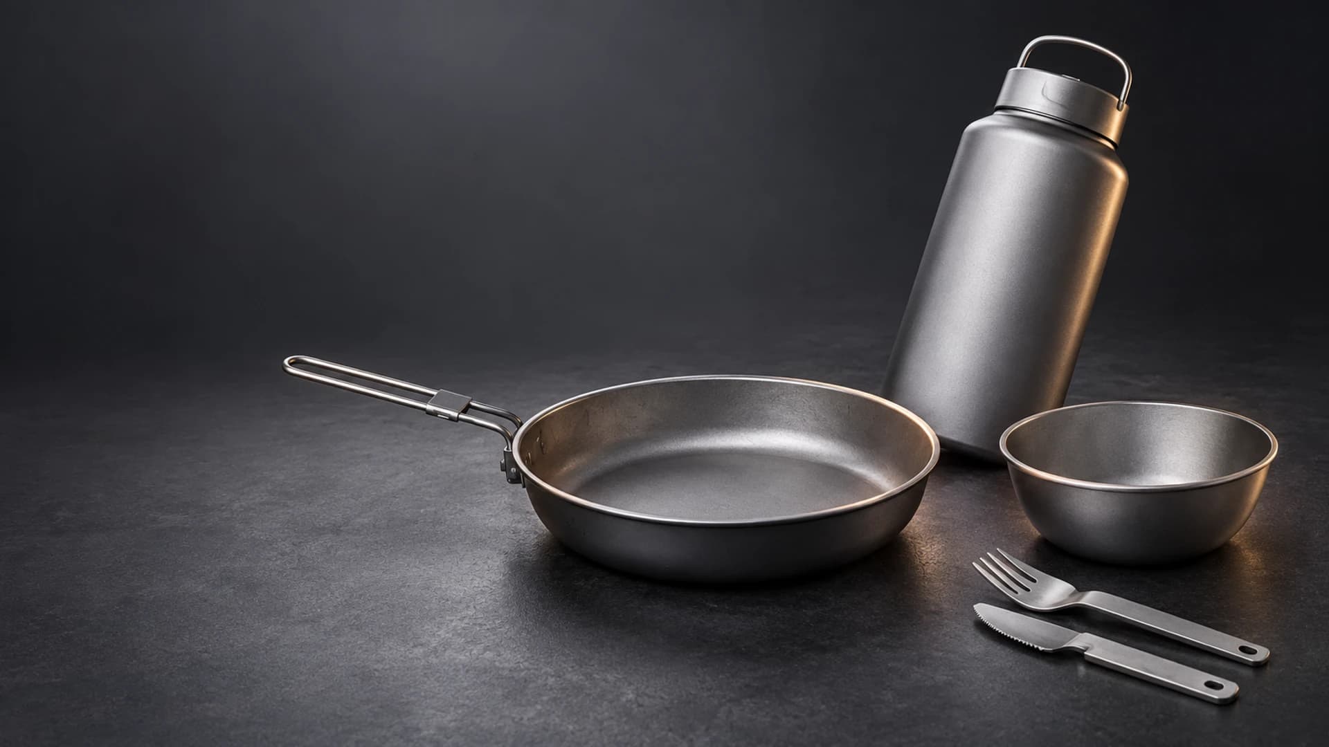 Titanium frying pan, sporting bottle, and tableware arranged in a premium graphite product composition